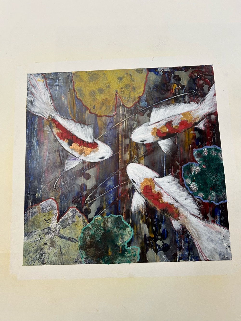 Koi Pond Painting in White, Red, Gold & Green 12x12”
